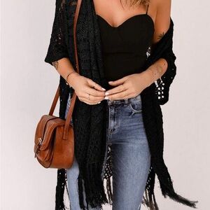 Black Crochet Shawl mesh kimono cover up fringe jacket beach swim cover